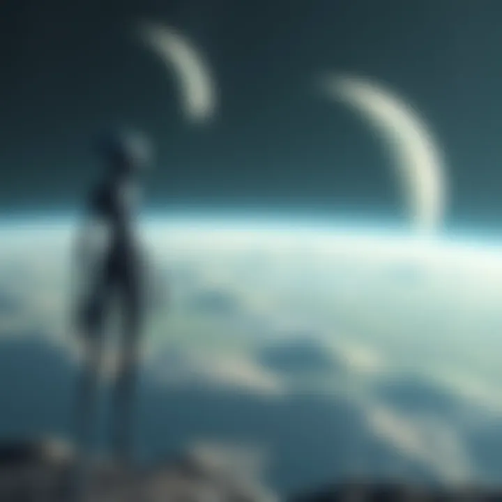 Grey Alien on a Similar Earth Planet A depiction of a Grey alien with a slender frame and grey skin standing on a planet resembling Earth, with green landscapes and a starry sky.