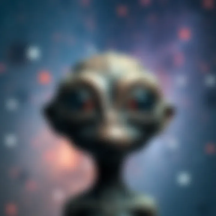 Grey alien in a starry background A Grey alien with large eyes stands against a colorful starry sky, showcasing a sense of connection and wonder.