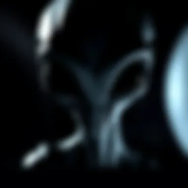 Grey alien with black eyes A grey alien figure with large black eyes, set against a dark background, conveying an otherworldly presence.