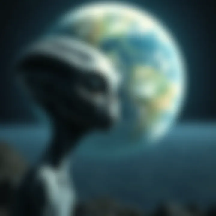 A grey alien with large eyes looking thoughtfully towards Earth from a distant viewpoint, surrounded by stars.