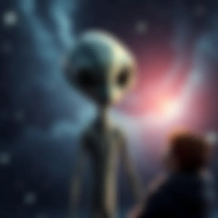 A grey alien with large eyes stands in a cosmic setting, surrounded by stars, looking curiously at a person in awe.