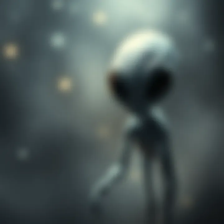 A depiction of a grey alien with large eyes and a small frame standing in a dimly lit area, surrounded by stars.