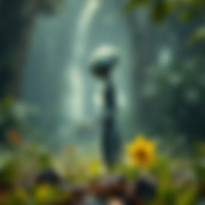 A grey alien figure standing in a forest, reflecting Brazilian cultural elements and UFO themes.