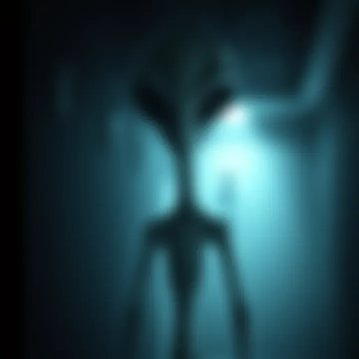 A depiction of a Grey alien with large black eyes and a small mouth, standing in a dimly lit environment, suggesting an atmosphere of abduction.