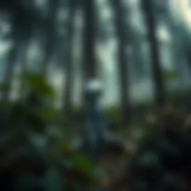 A Grey alien stands in a dense forest, surrounded by tall trees and underbrush, looking curiously at the viewer.