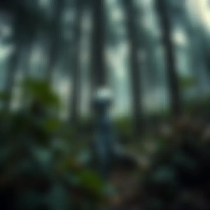 A Grey alien stands in a dense forest, surrounded by tall trees and underbrush, looking curiously at the viewer.