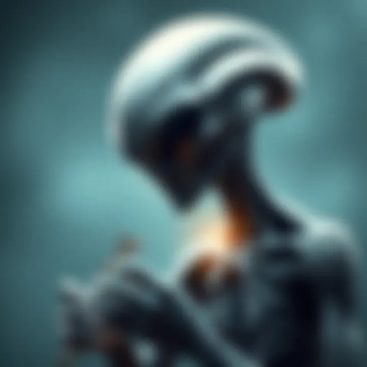 A grey alien figure examining a DNA strand, symbolizing their quest for human consciousness.