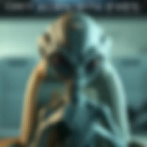 A grey alien with human-like eyes is seen restrained in a chair, displaying a distinct bump on its head.