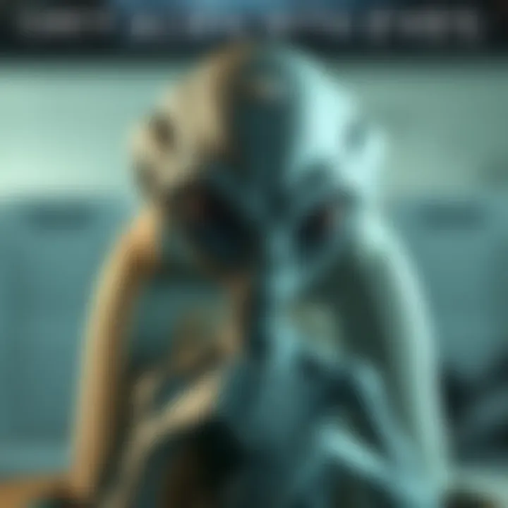 A grey alien with human-like eyes is seen restrained in a chair, displaying a distinct bump on its head.