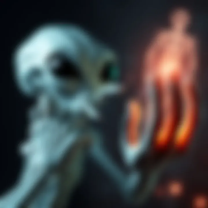 A grey alien with large black eyes extending its hand toward a glowing human soul, surrounded by a dark background.
