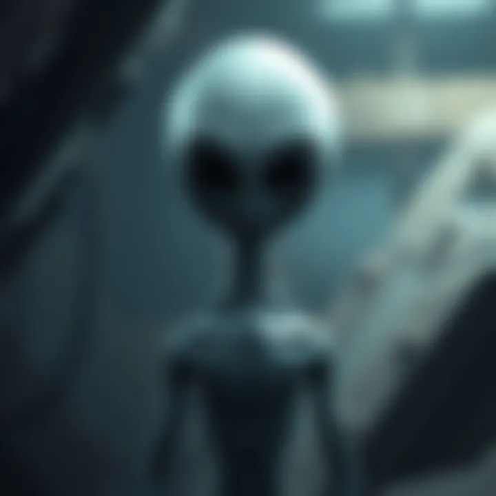 A grey alien with a smooth, featureless face and large black eyes, standing in a dark, mysterious environment, suggesting a connection to human abductions.