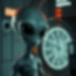 A Grey alien with large black eyes stands next to a futuristic time machine, symbolizing the idea of time travel from the future.