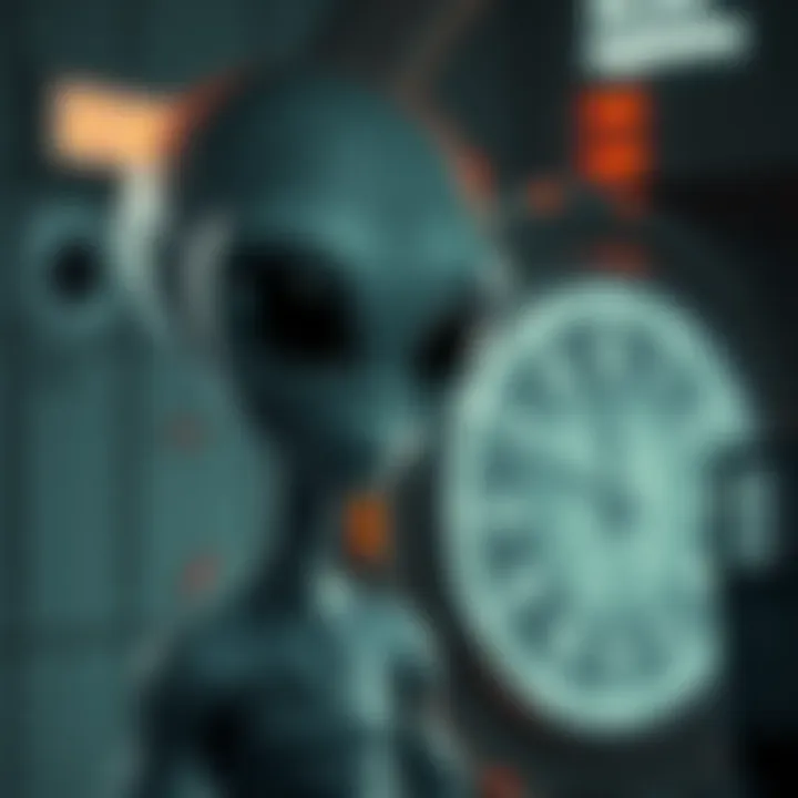 A Grey alien with large black eyes stands next to a futuristic time machine, symbolizing the idea of time travel from the future.