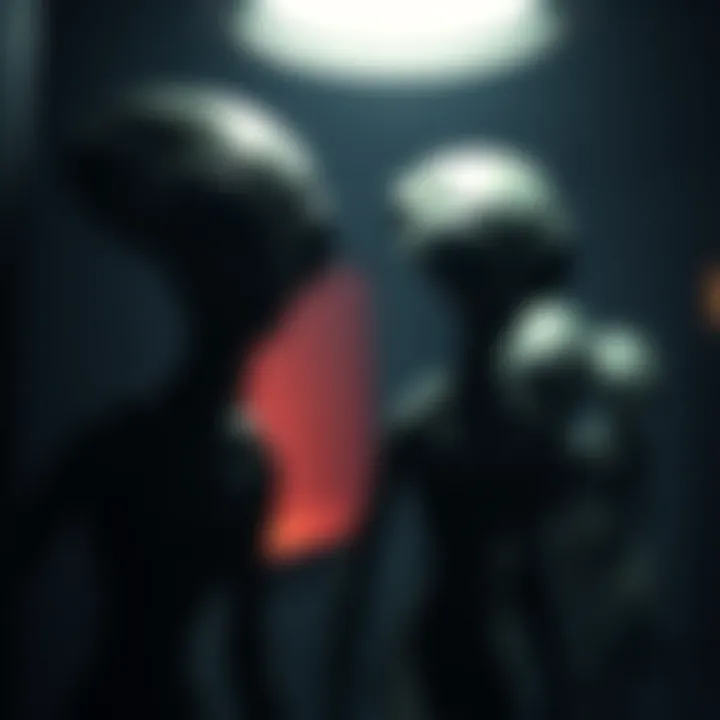 Footage showing grey aliens with large heads and big eyes in a shadowy environment