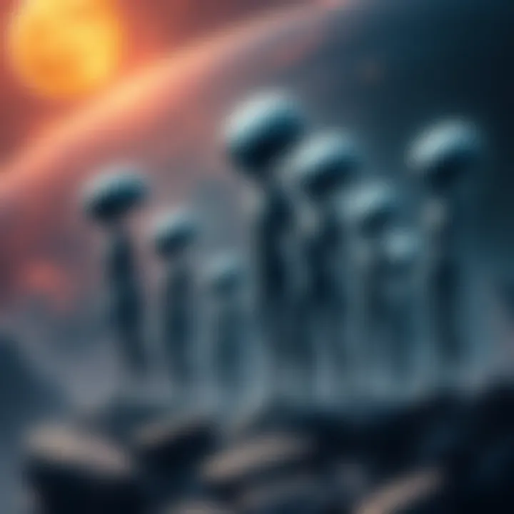 Grey aliens of varying heights Illustration showing grey aliens of different heights in a space setting, representing their varied origins and the impact of gravity.