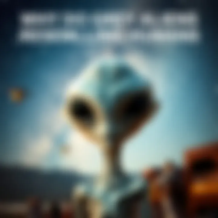 A grey alien with a human-like face and large eyes stands under a starry sky, pondering their connection to humanity.