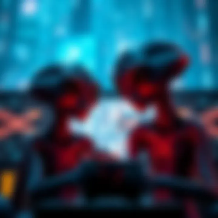 Two Grey Aliens gazing at glowing screens, reflecting a possible evolution from screen dependency, with a futuristic background.