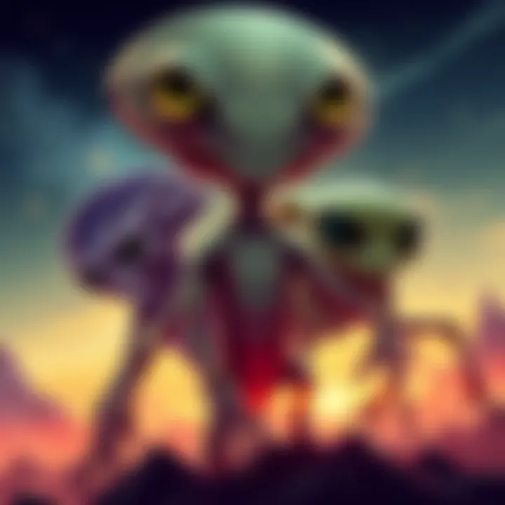 Greys, Reptilians, and Insectoids Illustration of three types of aliens: Greys with large heads and big eyes, Reptilians with scaly skin and sharp features, and Insectoids resembling insects with multiple limbs and big eyes.