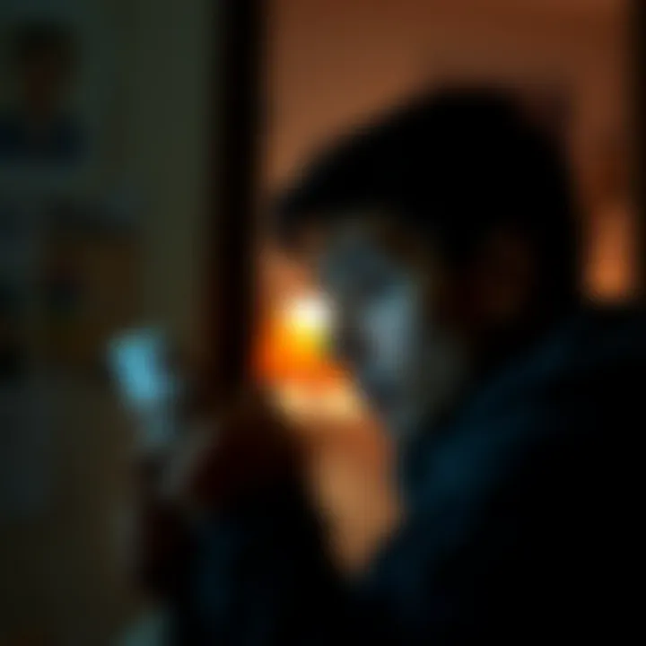 A person gazes at their phone, reflecting on a dream involving their late father. The scene captures emotions of grief and longing.