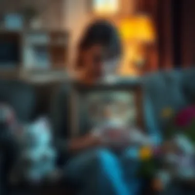 A woman sits on a couch with tears in her eyes, holding a framed photo of her cat Yoda, surrounded by cat toys and flowers.