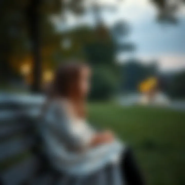 A grieving daughter sitting on a park bench, looking contemplative with a distant expression, symbolizing her search for signs from her late father.