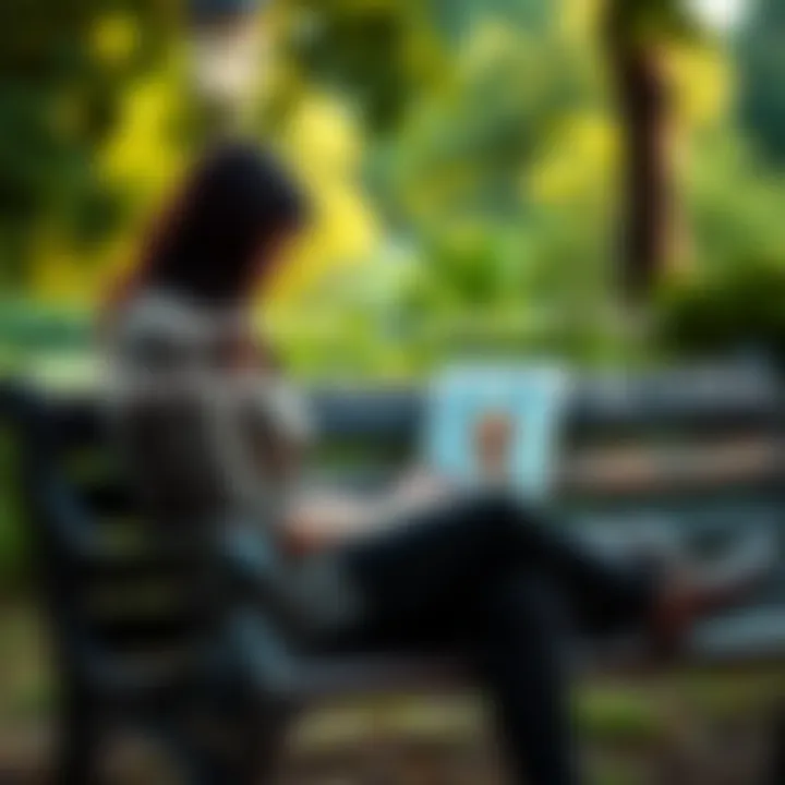 A person sitting on a park bench, gently holding a framed photo of their dog, with a soft expression of sadness, surrounded by greenery.