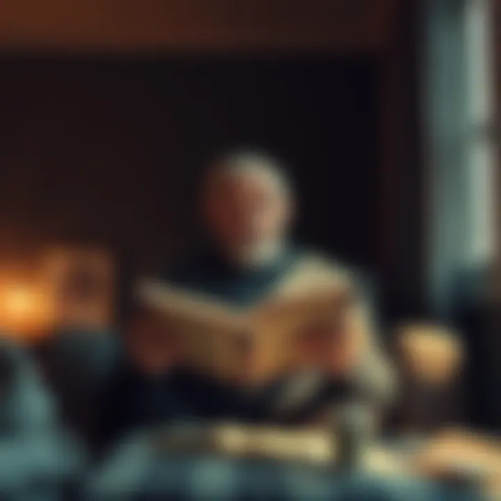 A man sits alone in a cozy room, holding a book with a surprised expression, as he sees his late wife's name inside. A warm light filters through a window, creating a reflective atmosphere.