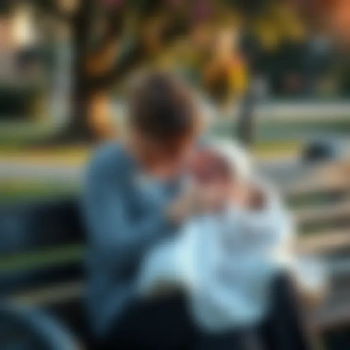 A mother sits on a park bench, holding a soft baby blanket close to her heart, with tears in her eyes, seeking comfort in her loss.