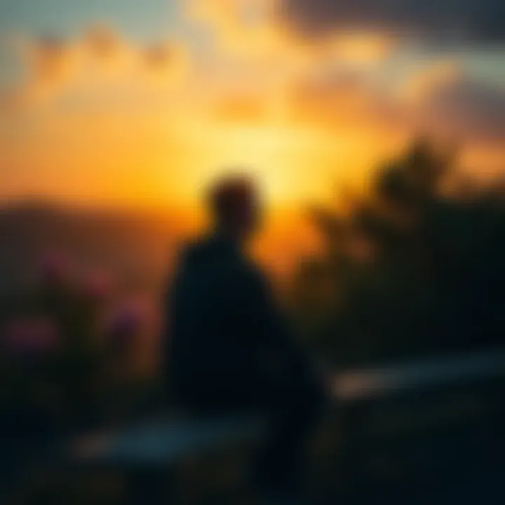 A person sitting on a bench, looking contemplative and sad, surrounded by nature during sunset.