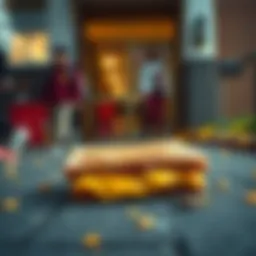 A grilled cheese sandwich sitting on the ground by a school entrance, untouched and surrounded by curious onlookers.