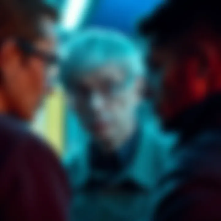 Grimes looking concerned while chatting with two people who seem insincere