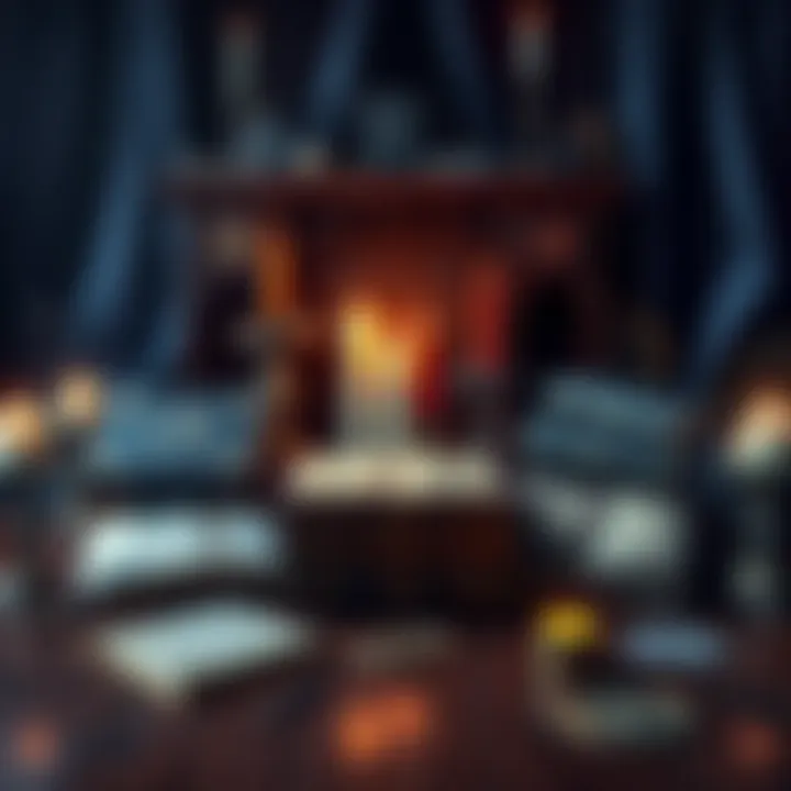 A collection of grimoires and occult books on a wooden table, surrounded by candles and mystical symbols.
