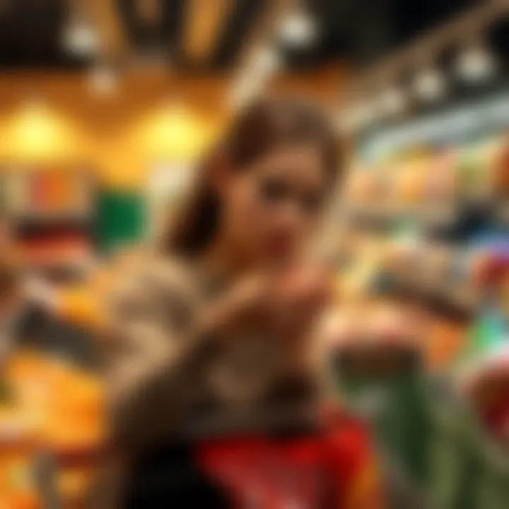 A shopper inspecting groceries in a pickup area, looking concerned about the quality of items