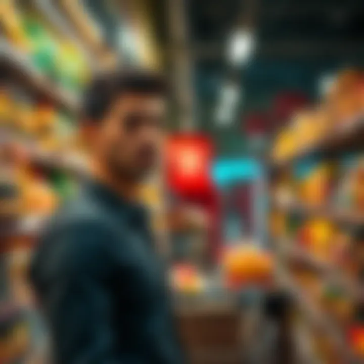 A shopper looking at grocery prices on shelves with a worried expression