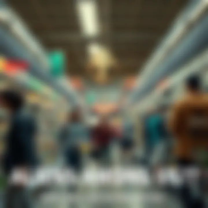 A person looking surprised at an alien hybrid in a grocery store aisle, surrounded by everyday shoppers.