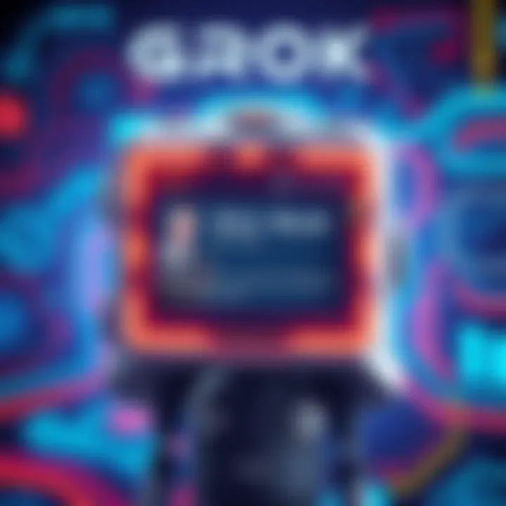 An illustration of a digital interface showcasing Grok responding in a first-person style as Elon Musk, with a modern tech background and a futuristic vibe.