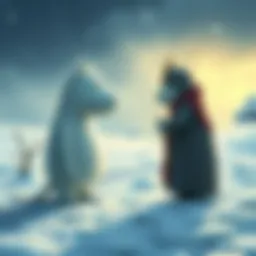 Groke and the Lady of the Cold confront each other in a snowy landscape, symbolizing their opposing forces in Moomin stories.