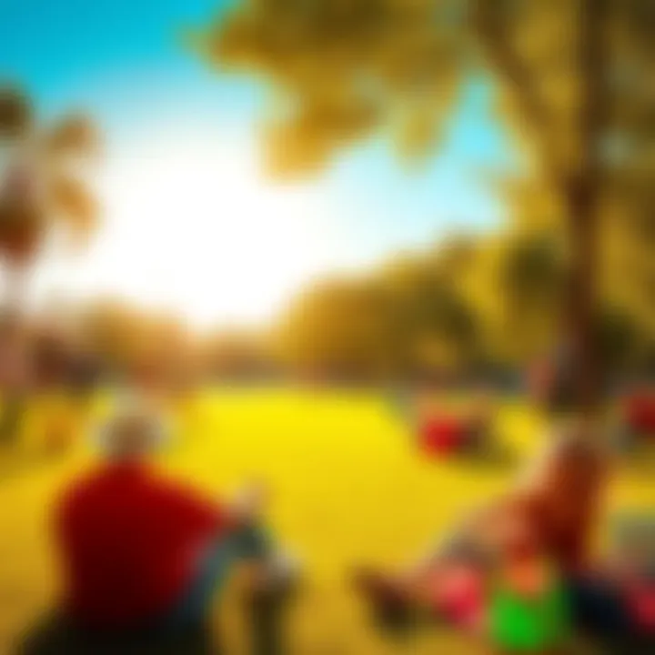 A vibrant sunny day with people enjoying outdoor activities like picnicking and playing in a park