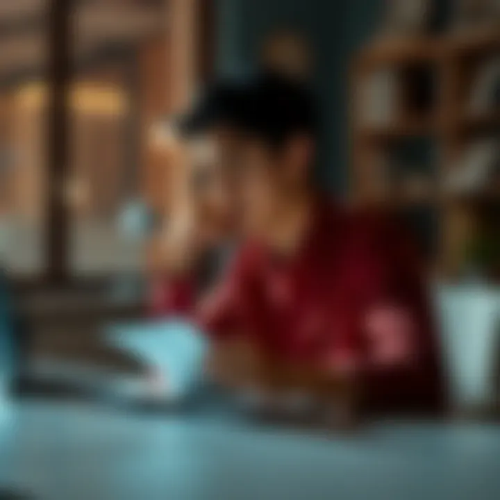 Individual sitting at a desk with a notepad, deep in thought, contemplating doubt and personal growth.