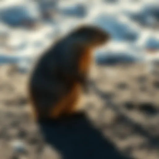 A groundhog standing still, its shadow clearly visible on the ground as the sun shines down.