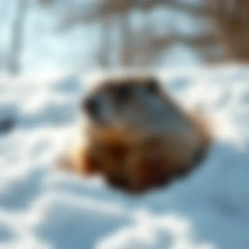 A groundhog popping out of its burrow on a sunny day, surrounded by snow, representing Groundhog Day traditions.