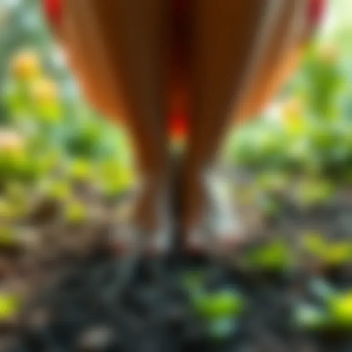 A person practicing grounding techniques, visualizing roots growing from their feet into the earth, surrounded by greenery