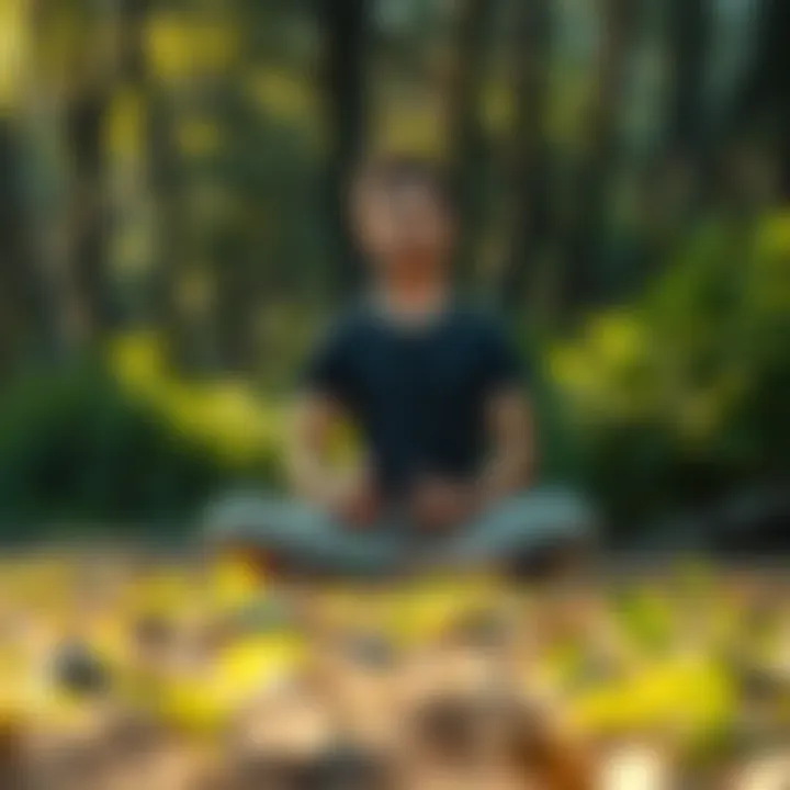 A person sitting cross-legged on the ground surrounded by nature, practicing grounding techniques to find balance and calmness.