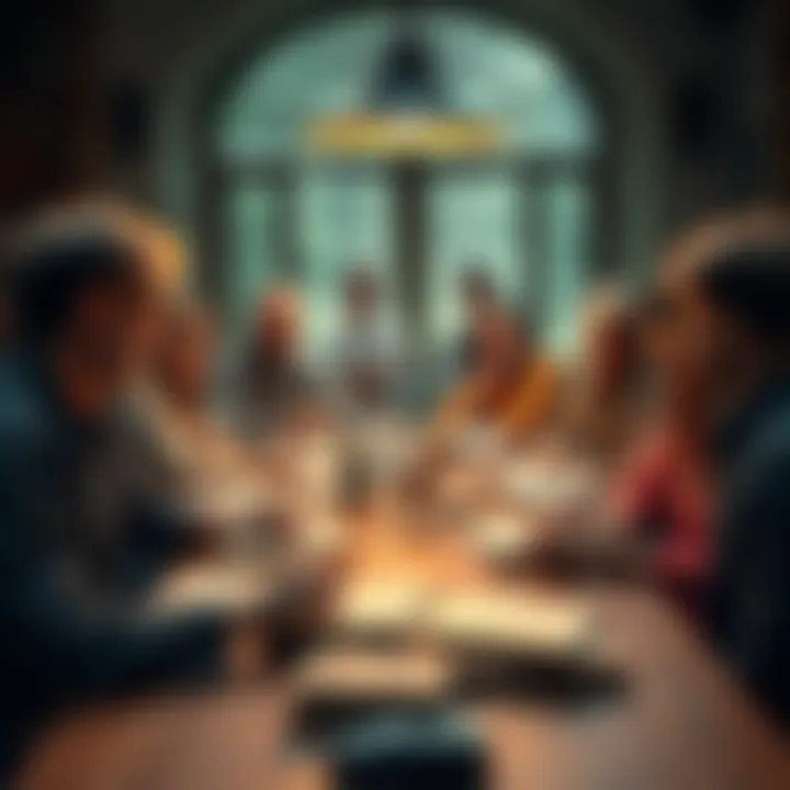 A diverse group of people sitting around a table, discussing terms related to druidry, with books and notes spread out.
