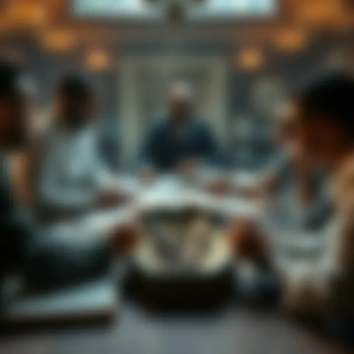 A group of people discussing egregores, with books and notes spread out on a table, illustrating techniques for identification and maintenance of these entities.