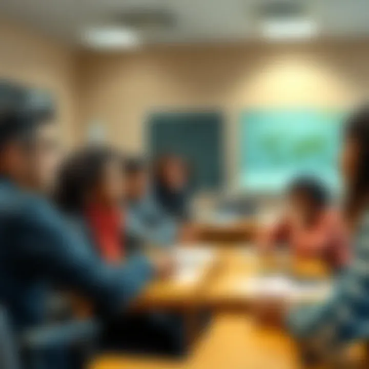 A group of diverse individuals talking in a classroom setting, highlighting favoritism in schools and workplaces.
