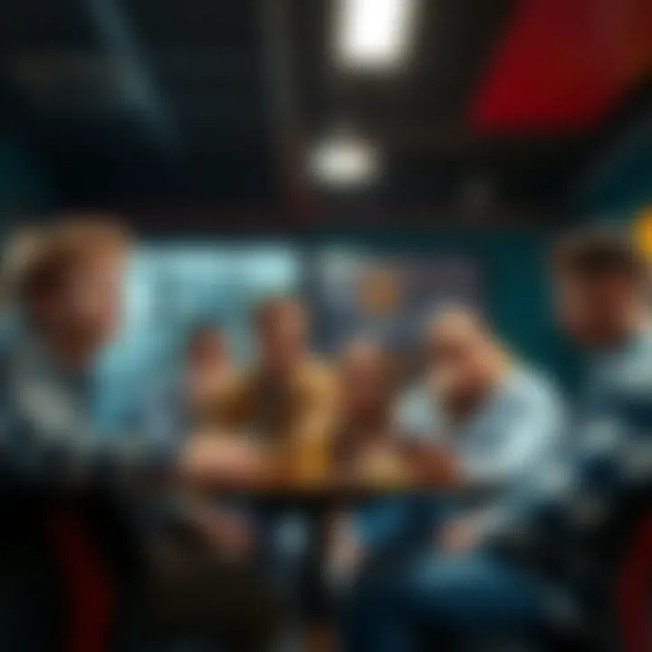 A group of friends in a casual setting discussing Gateway Tapes, showing mixed reactions with some looking confused and others interested.