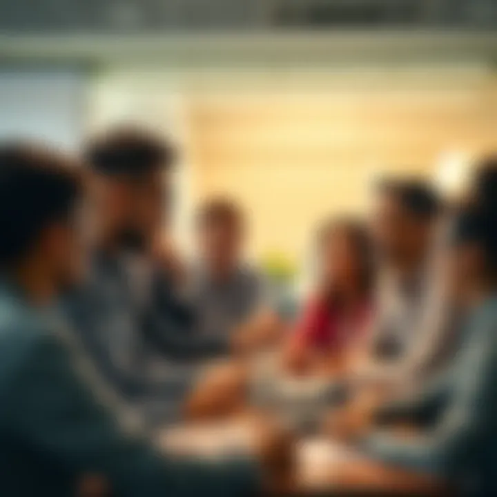 A diverse group of people engaged in a conversation, sharing thoughts and ideas in a meeting room.
