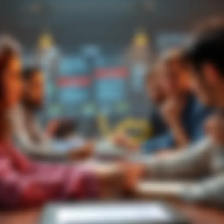 Group discussing simulation theory A group of people engaged in a thoughtful discussion about simulation theory, with books and laptops on a table.