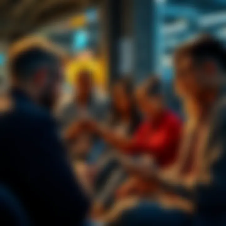 A diverse group of people engaging in a lively discussion on their devices in an online forum.